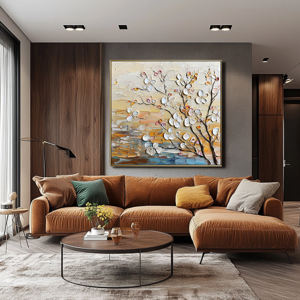 Branching Blooms-Textured Abstract Floral Oil Painting for Contemporary Wall Decor