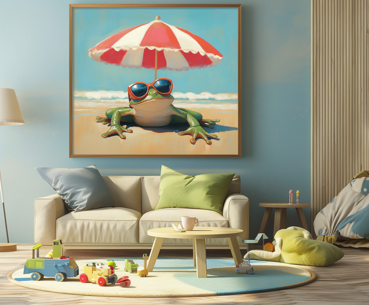 Chill Frog:  Funny Frog on Beach with Sunglasses & Striped Umbrella - Whimsical Coastal Oil Painting, Playful Wall Art for Living Room & Beach-Themed Spaces