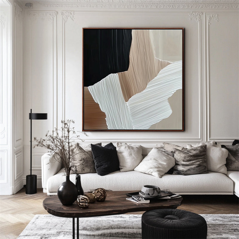 Earthbound Harmony: Textured Abstract Oil Painting with Black, Brown, Beige & White Tones - Minimalist Wall Art, Modern Decor for Contemporary Interiors