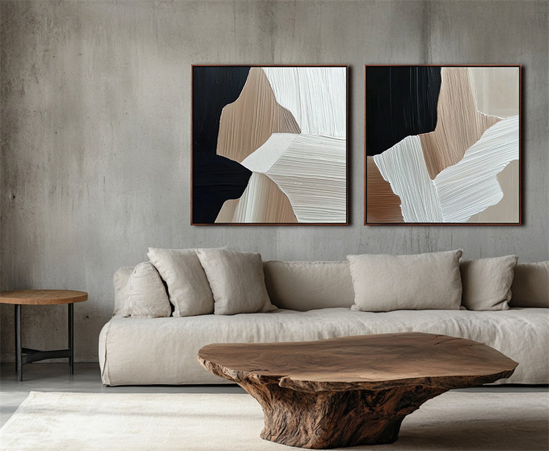 Earthbound Harmony: Textured Abstract Oil Painting with Black, Brown, Beige & White Tones - Minimalist Wall Art, Modern Decor for Contemporary Interiors