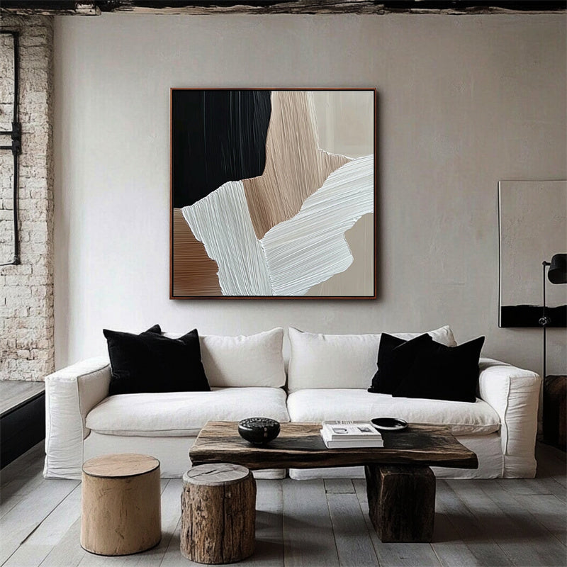 Earthbound Harmony: Textured Abstract Oil Painting with Black, Brown, Beige & White Tones - Minimalist Wall Art, Modern Decor for Contemporary Interiors