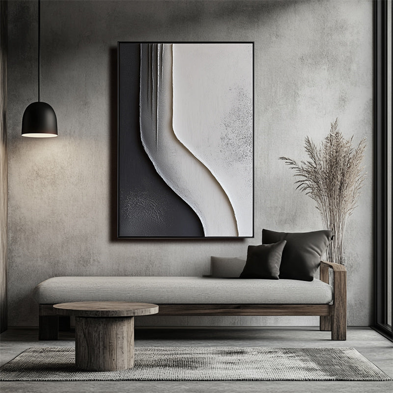 Monochrome Flow Texture Art-Framed 3D Textured Black White Abstract Wall Art - Minimalist Curved Line Decor