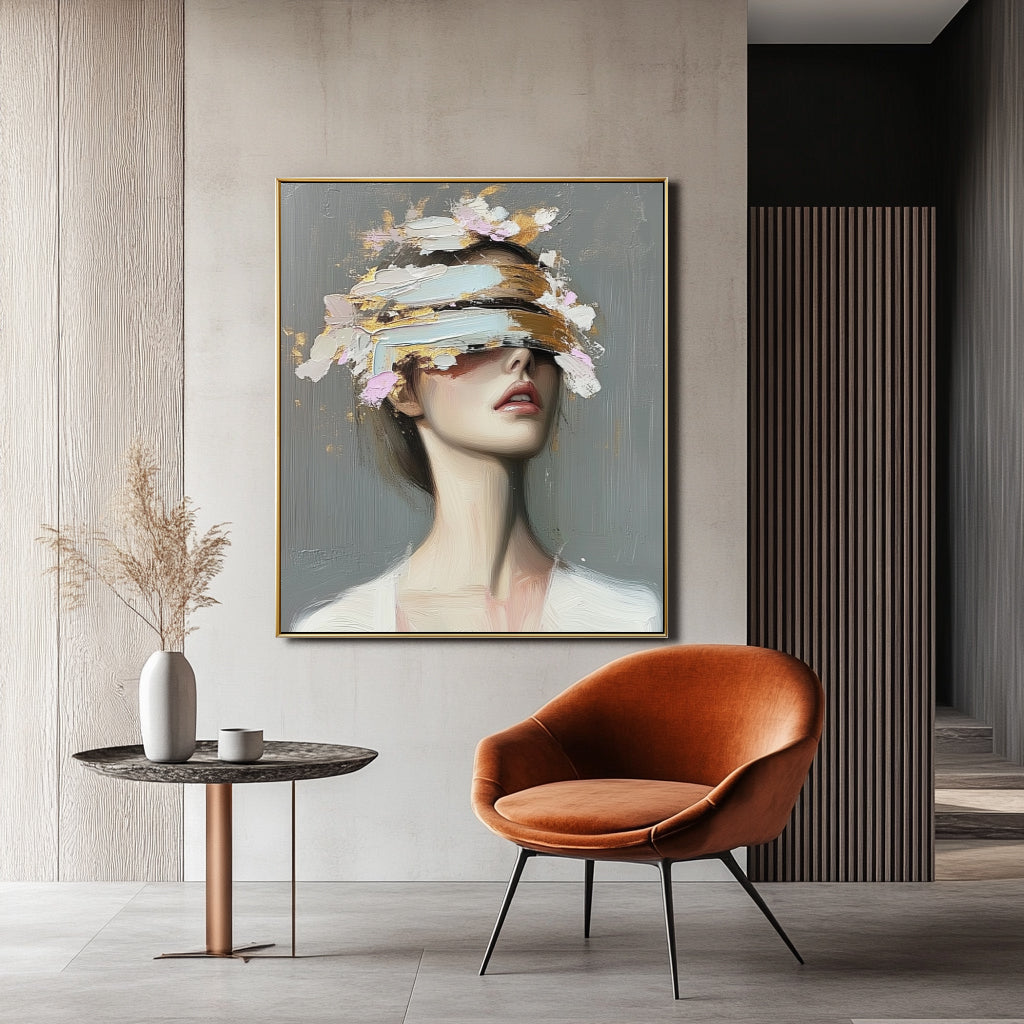 Veiled Perception-Woman with Blindfold Eye Cover, Gold Pink Brushstrokes Contemporary Oil Painting