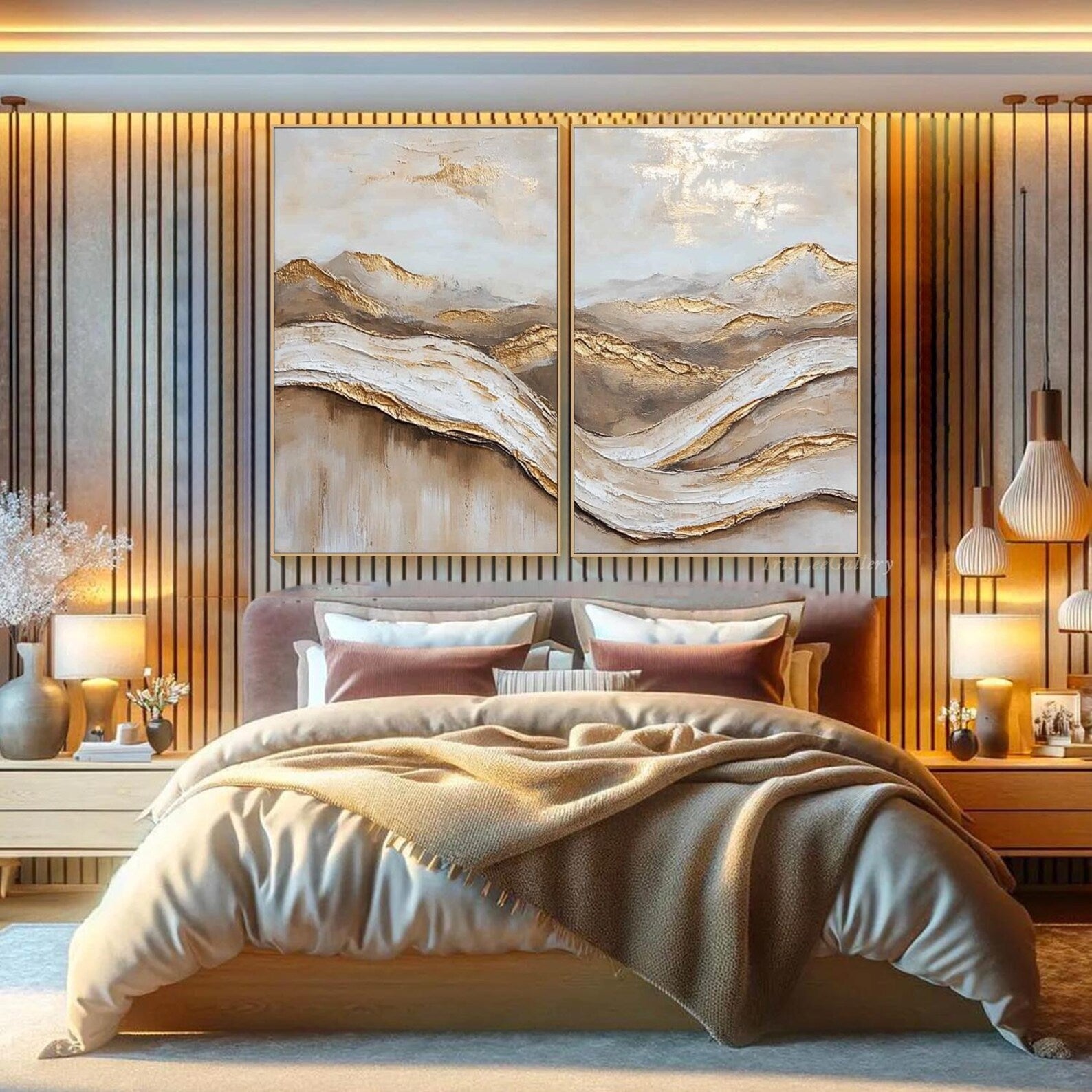 Golden Horizon: Textured Abstract Landscape Oil Painting Pair