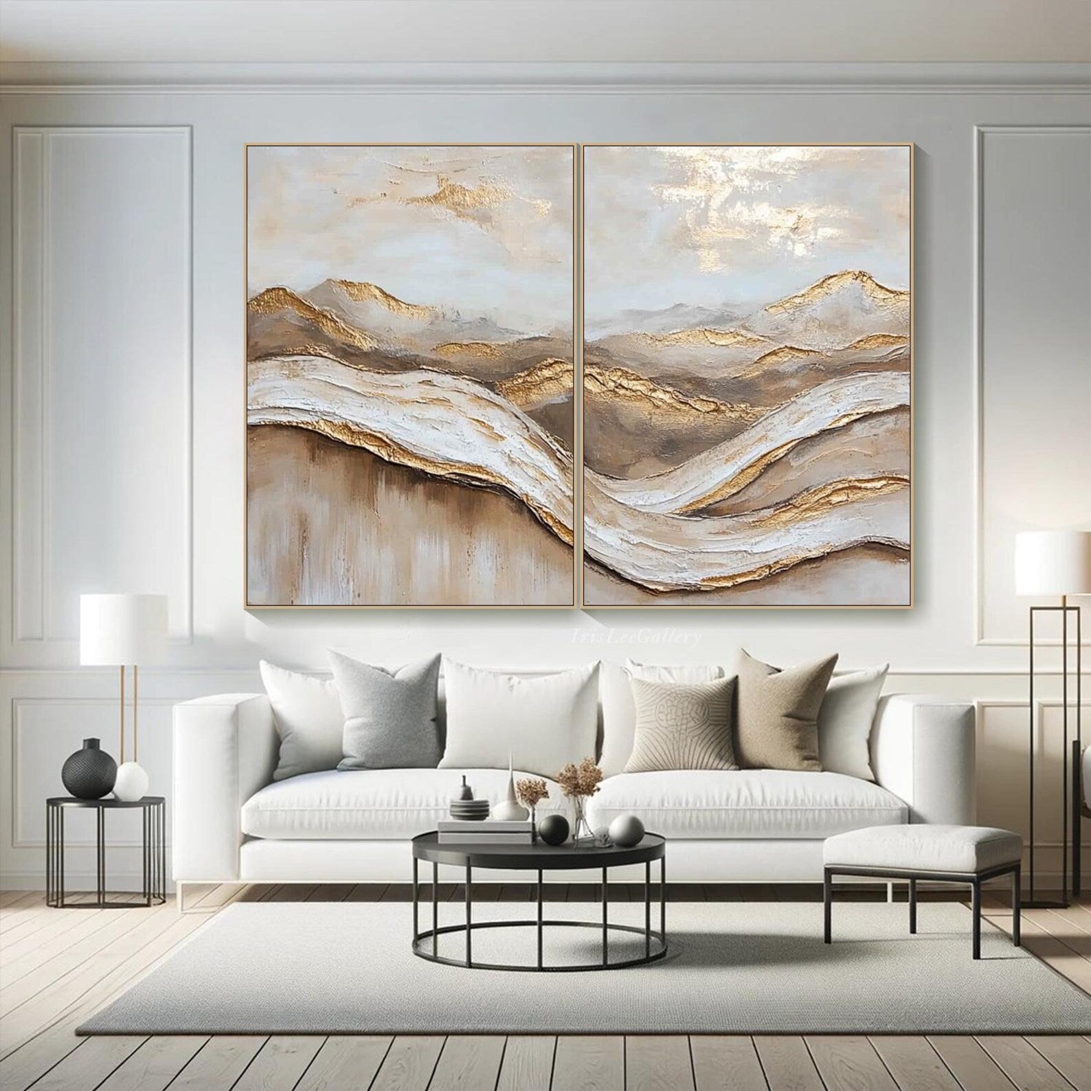 Golden Horizon: Textured Abstract Landscape Oil Painting Pair