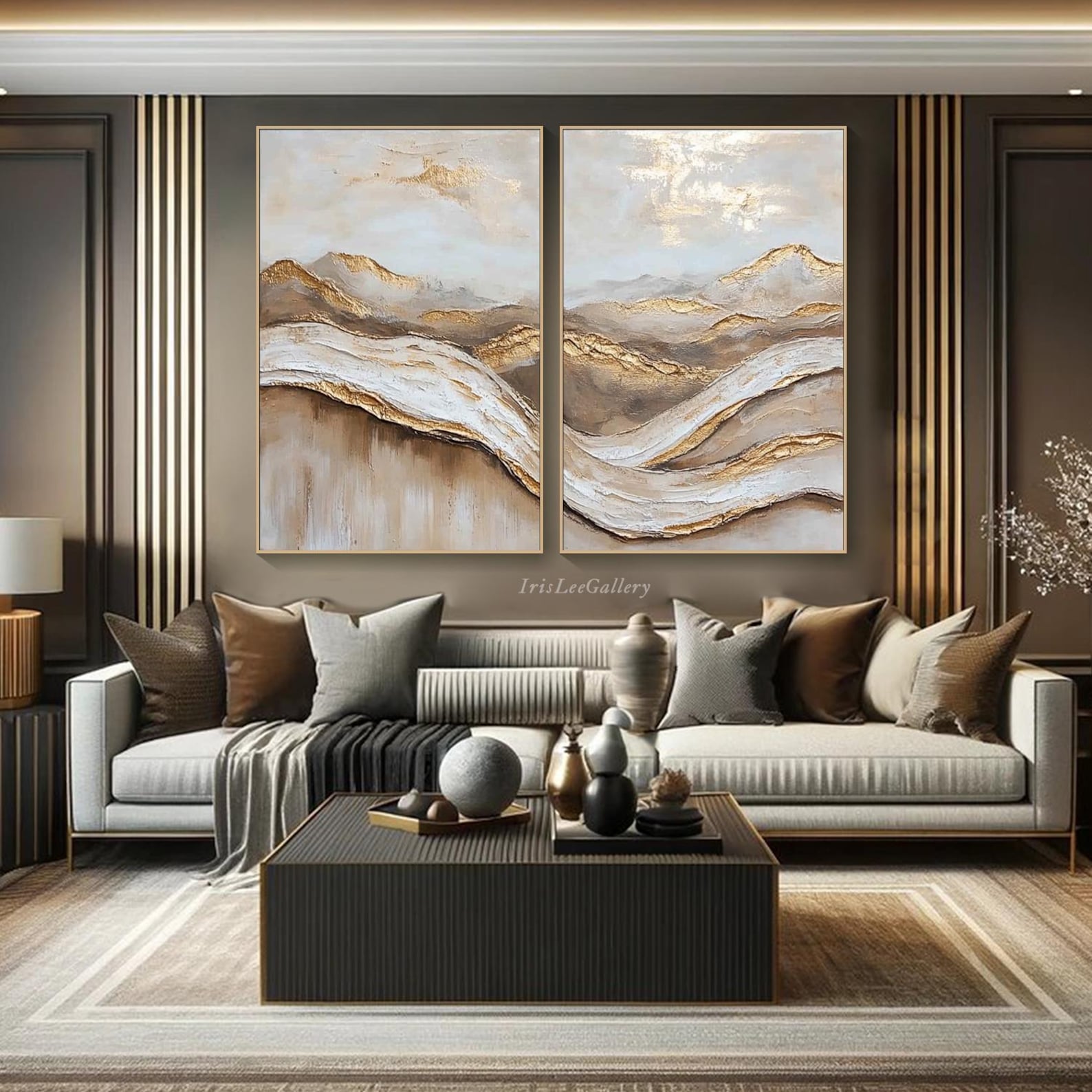 Golden Horizon: Textured Abstract Landscape Oil Painting Pair
