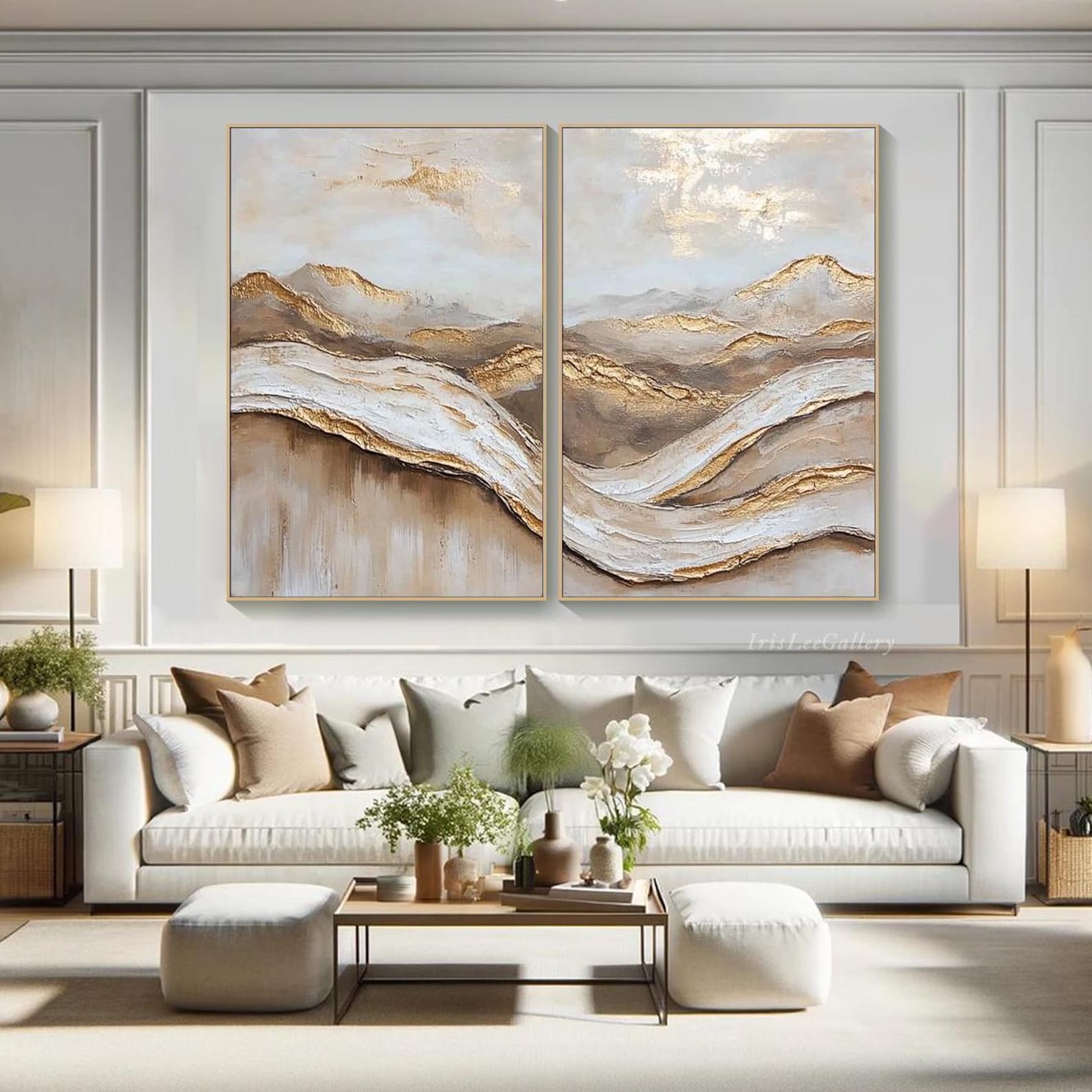 Golden Horizon: Textured Abstract Landscape Oil Painting Pair