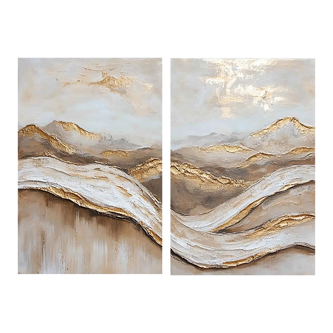 2 Piece Textured Oil Painting Set - Golden Abstract Mountain Landscape Wall Art for Home Decor