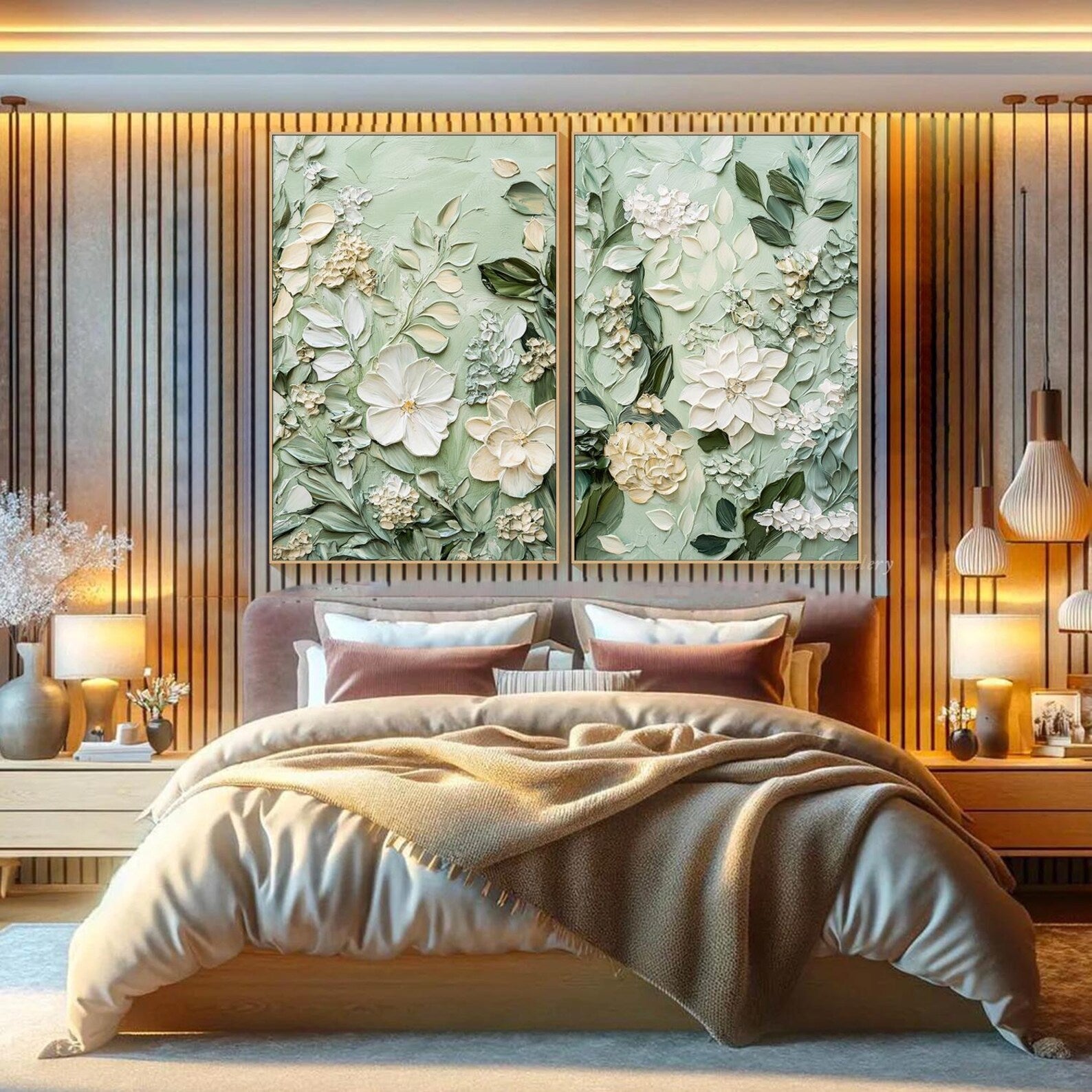 Soft Green Floral Diptych Oil Paintings with Impasto Texture, Set of 2 Botanical Wall Art for Home Decor