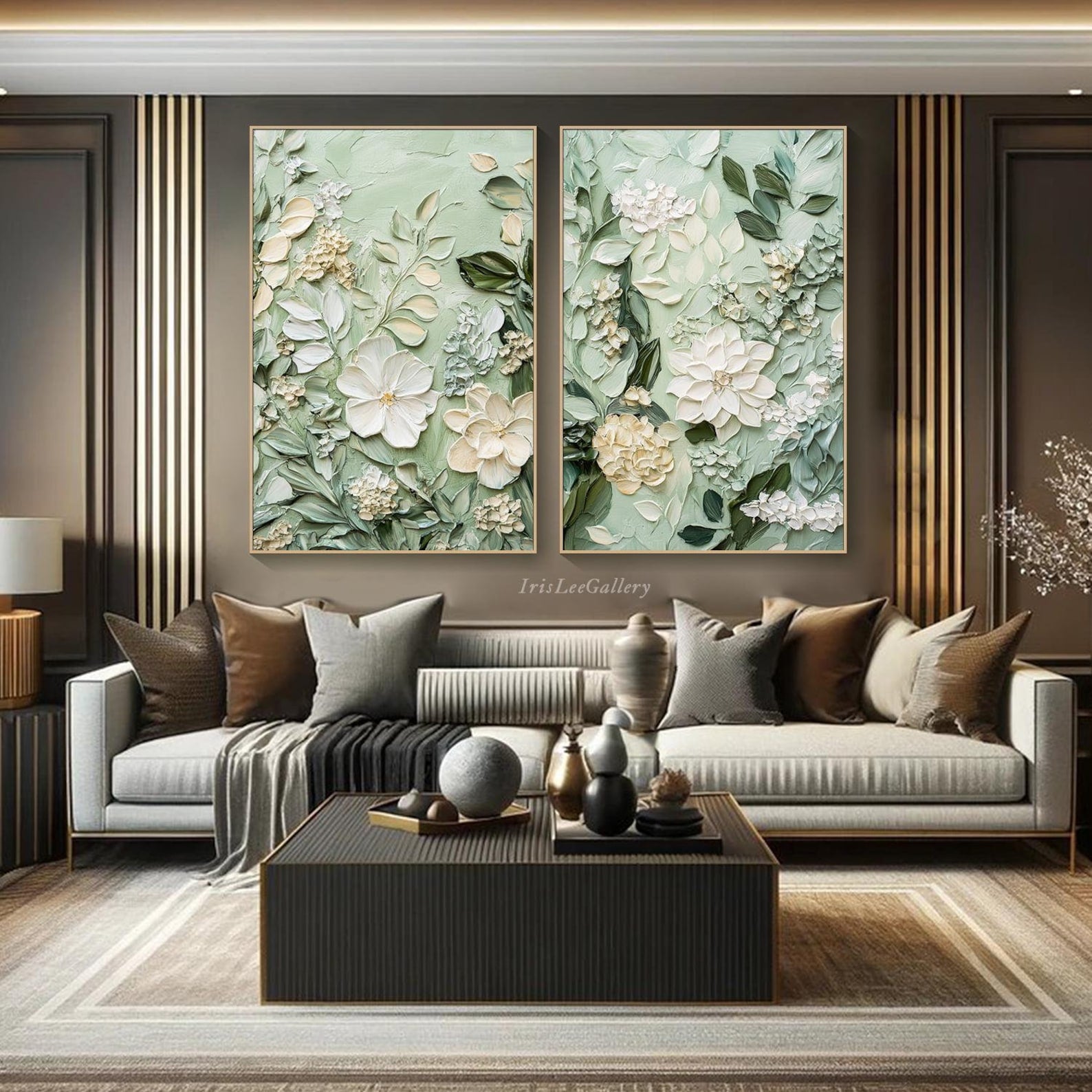 Soft Green Floral Diptych Oil Paintings with Impasto Texture, Set of 2 Botanical Wall Art for Home Decor