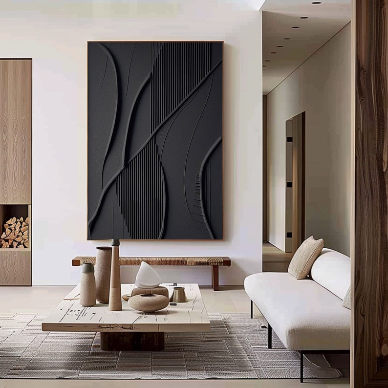 Handmade Black Textured Painting – Minimalist 3D Canvas Art