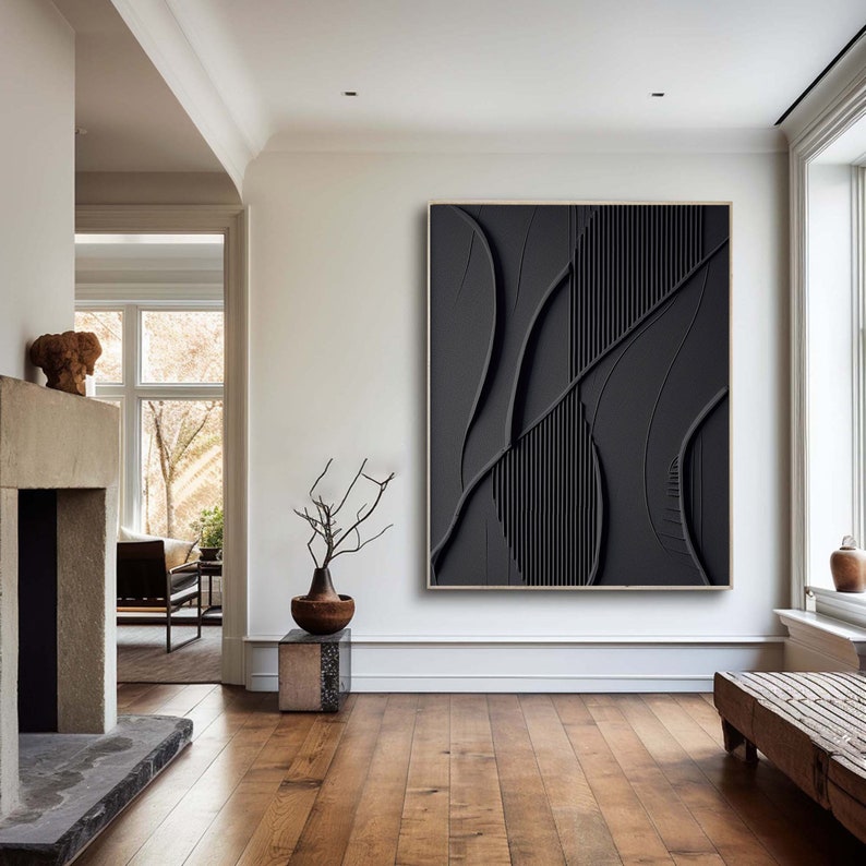Handmade Black Textured Painting – Minimalist 3D Canvas Art