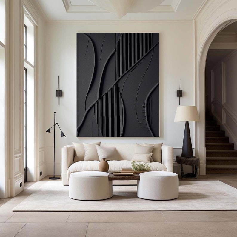 Handmade Black Textured Painting – Minimalist 3D Canvas Art