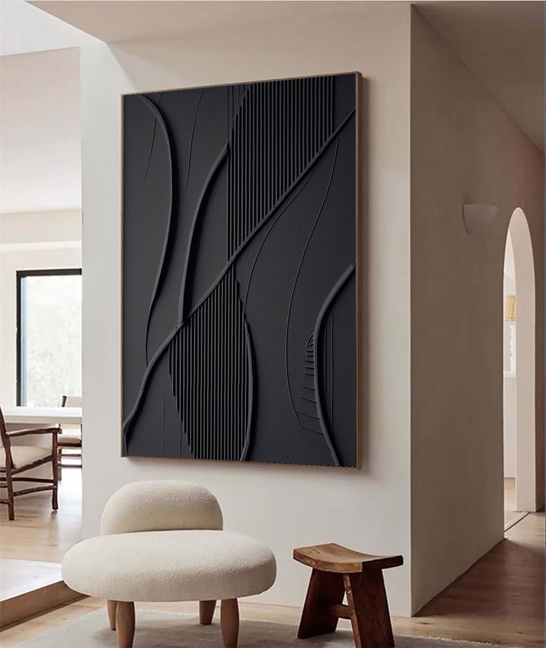 Handmade Black Textured Painting – Minimalist 3D Canvas Art