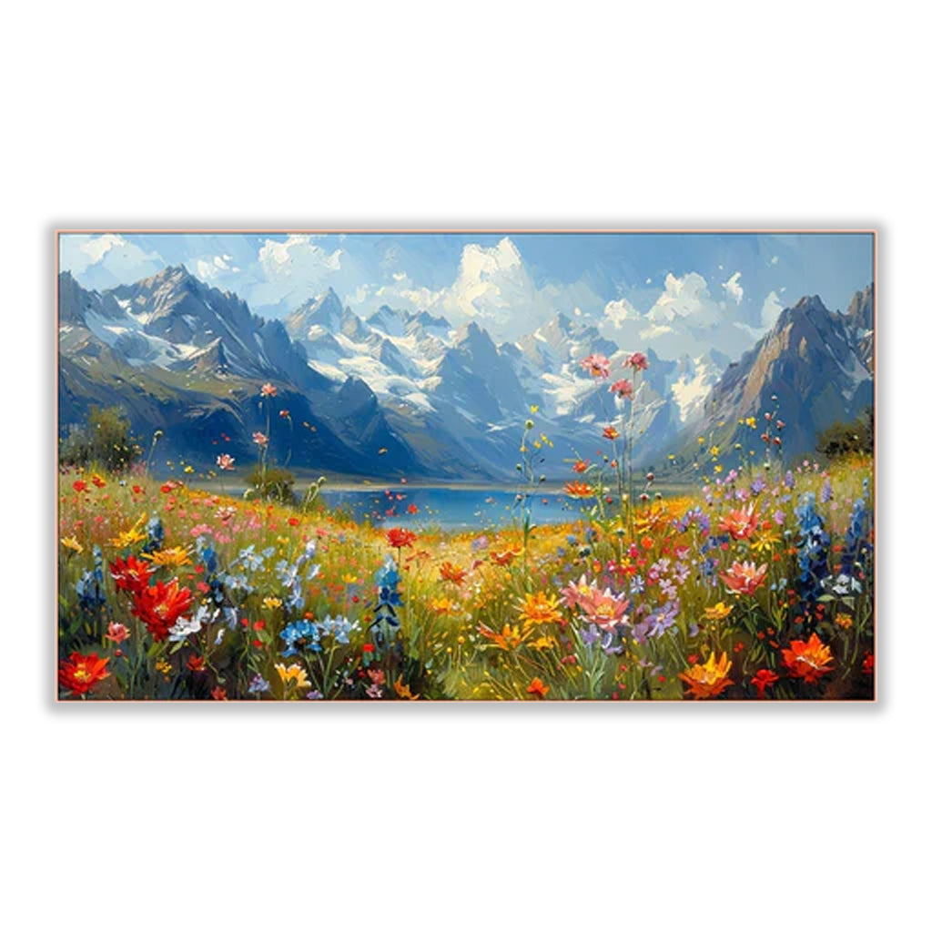 Colorful Wildflower Mountain Landscape Oil Painting - Serene Lake & Snowy Peaks Wall Art, Nature-Inspired Decor for Living Room