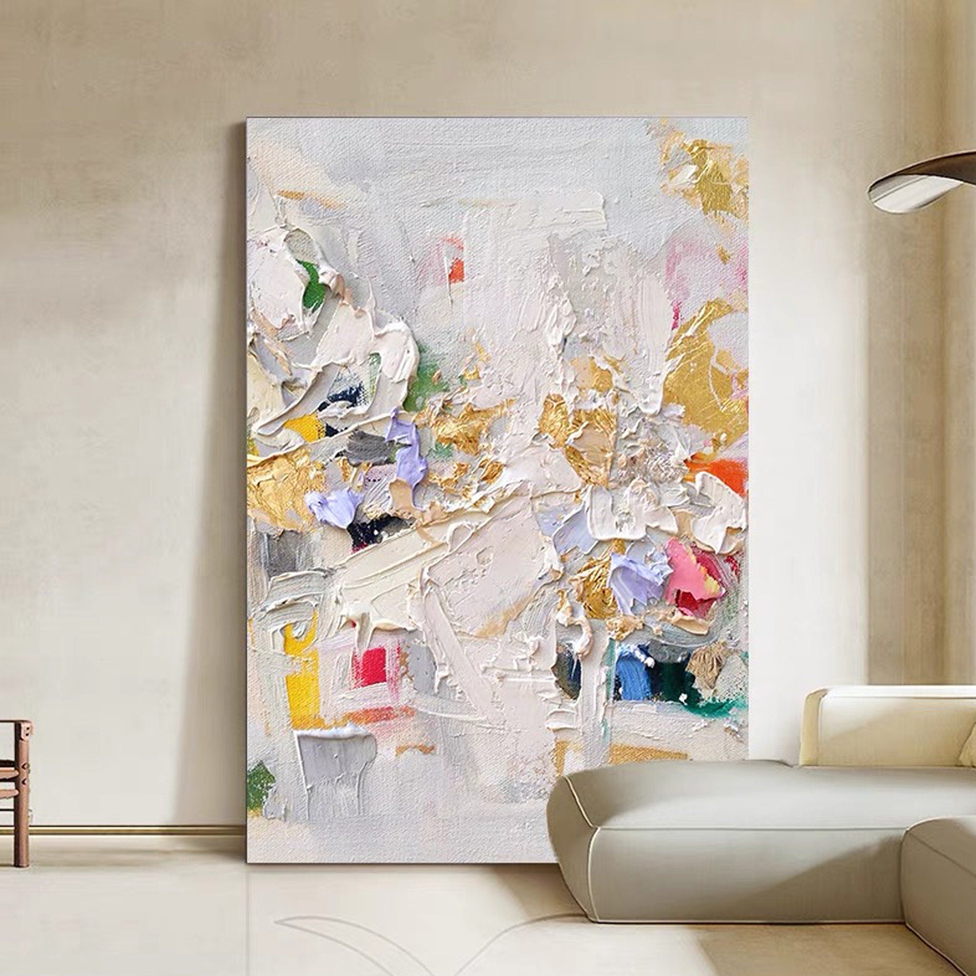 Golden Blossom-Vertical Abstract Textured Oil Painting in Gold & Lavender