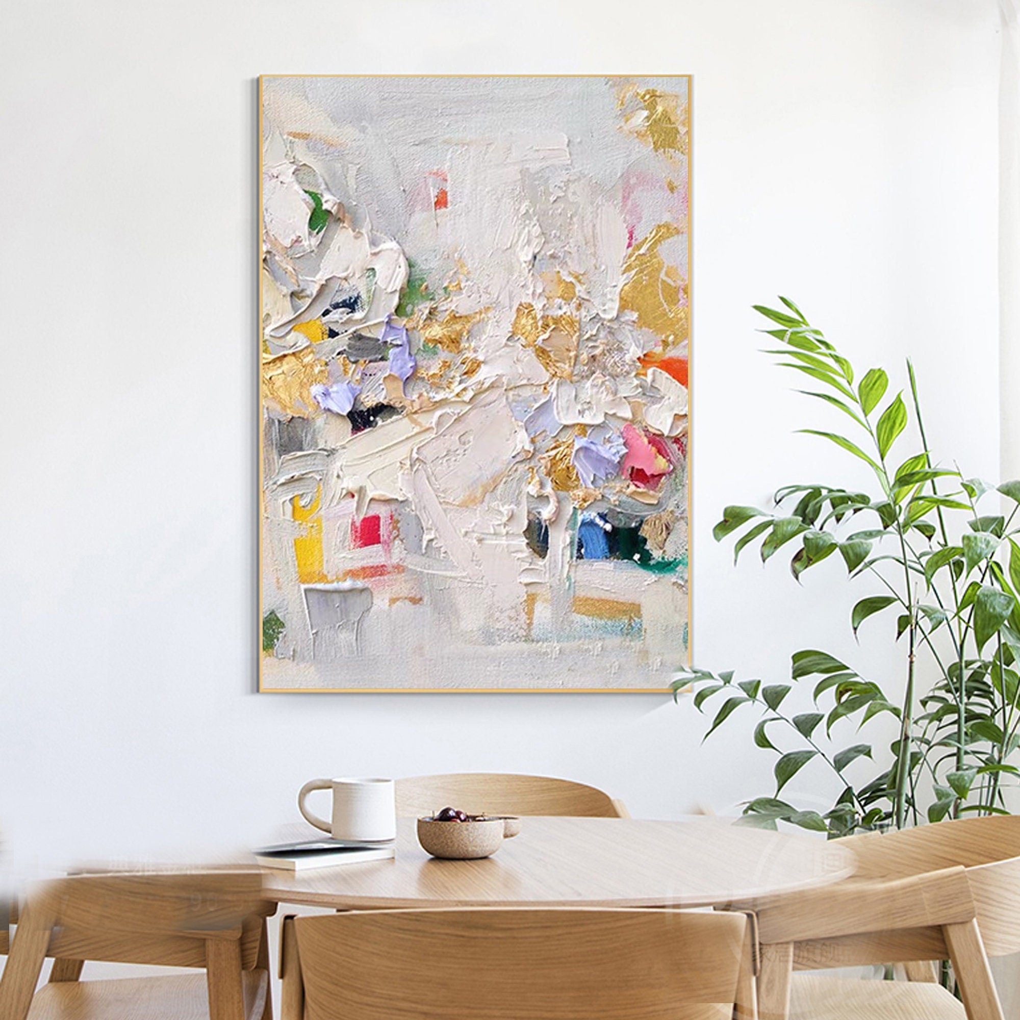 Golden Blossom-Vertical Abstract Textured Oil Painting in Gold & Lavender