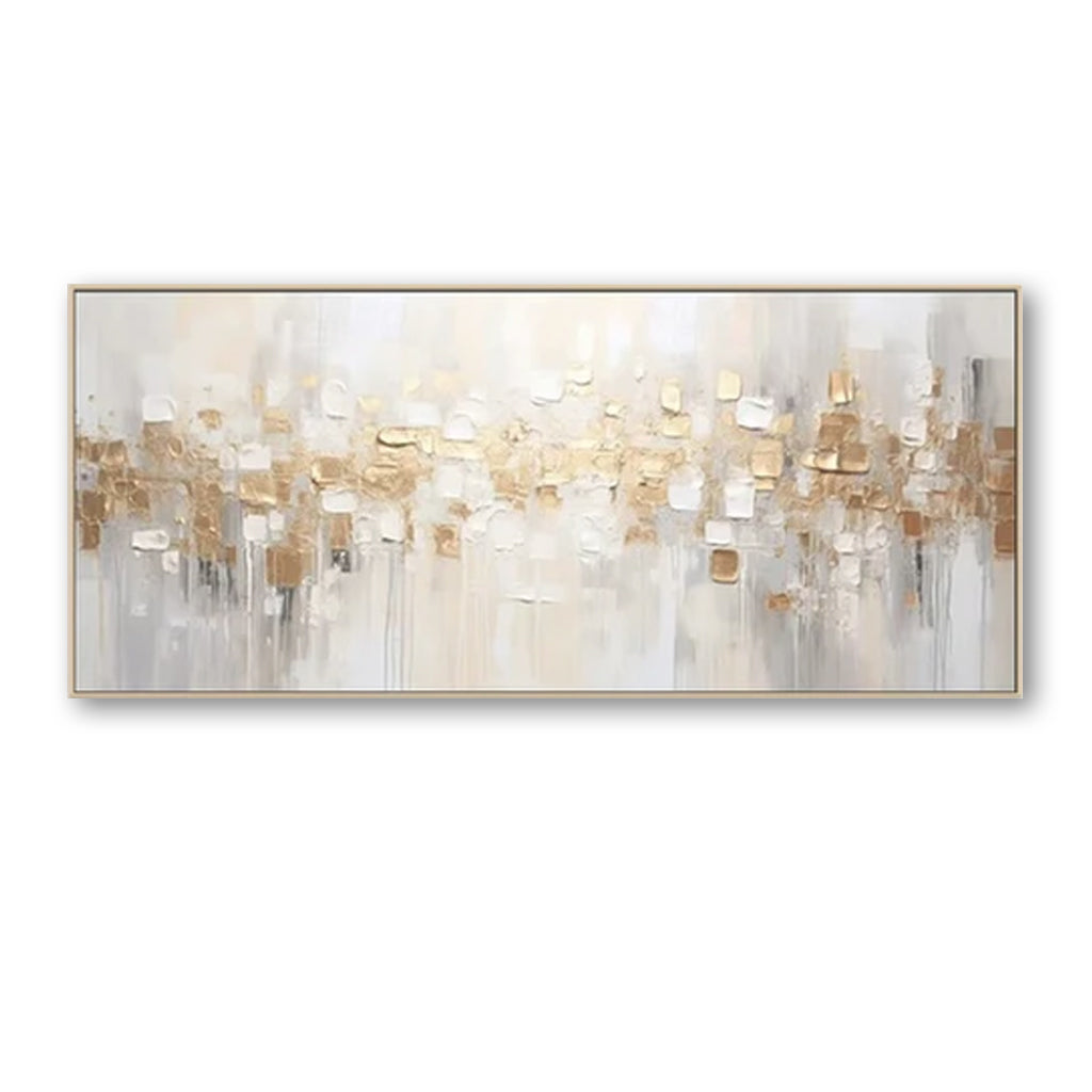 Golden Cascade – Luxury Gold & White Abstract Textured Canvas Painting (Horizontal)