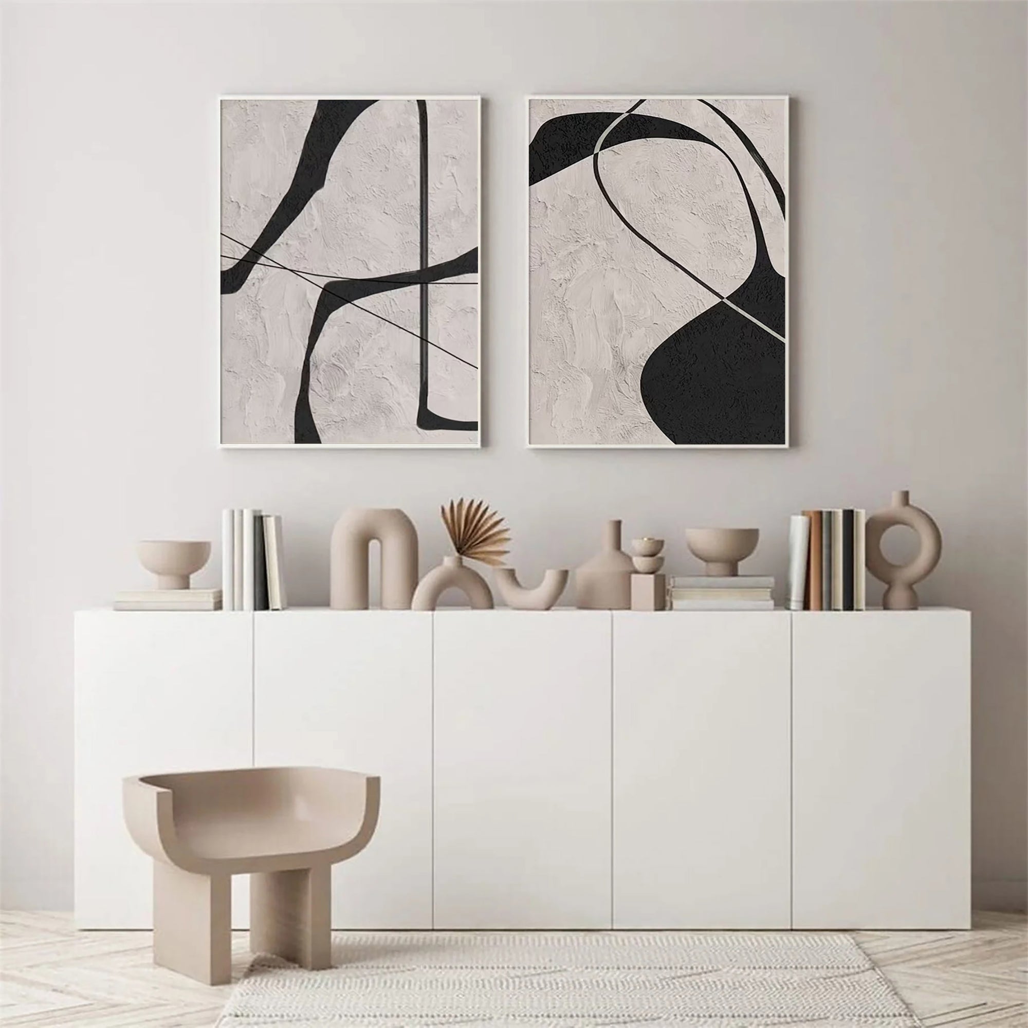 Monochrome Harmony-Original Minimalist Wabi Sabi Abstract Oil Painting for Modern Decor