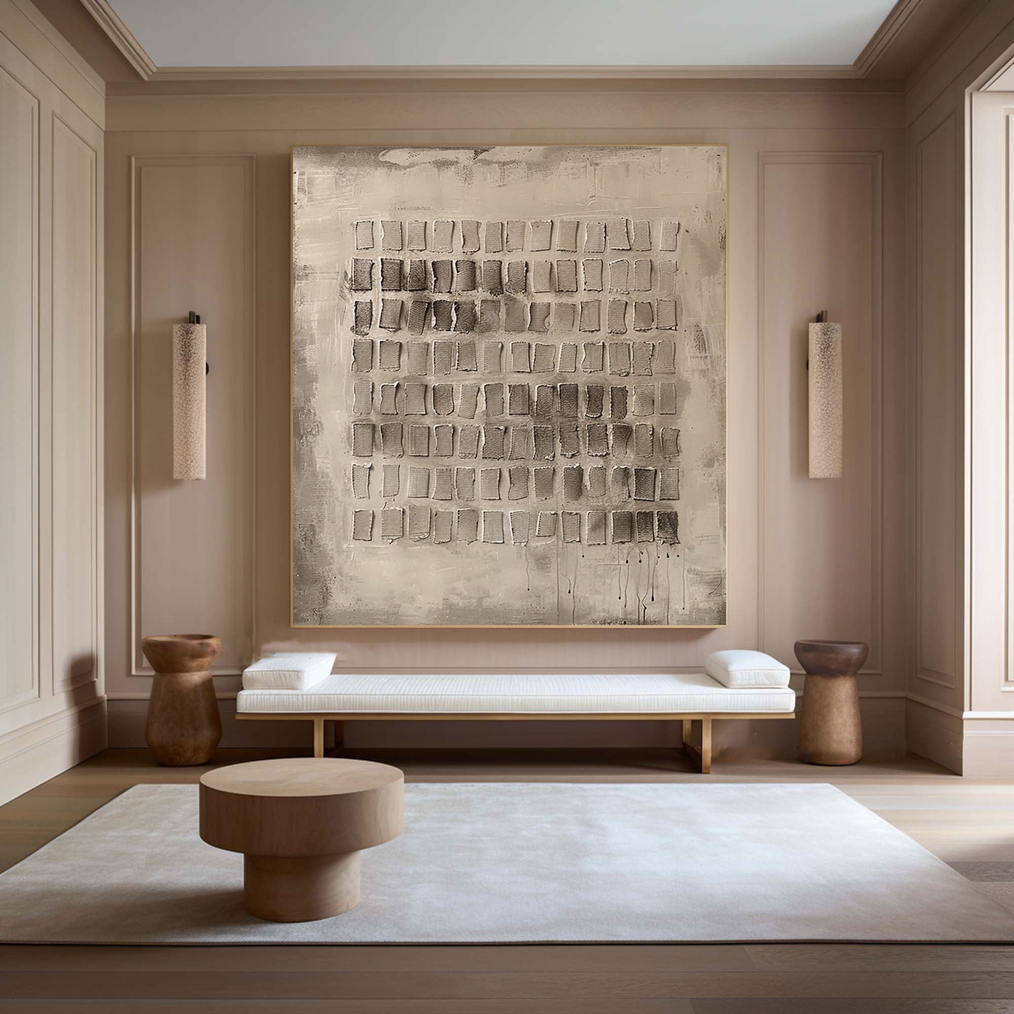 Grid Harmony-Wabi Sabi Abstract Painting in Neutral Earth Tones for Living Room