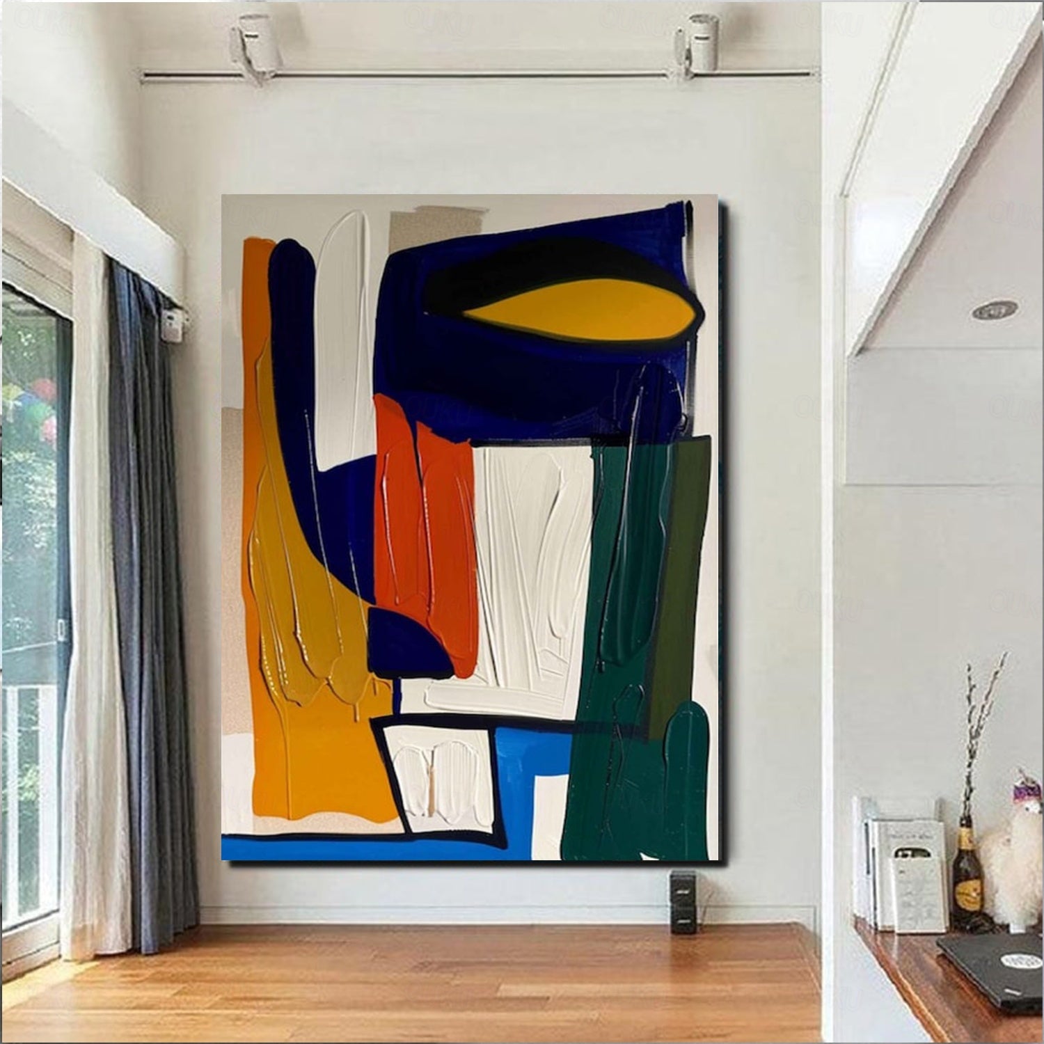 Hand-Painted Modern Vibrant Geometric Abstract Oil Painting for Living Room or Office
