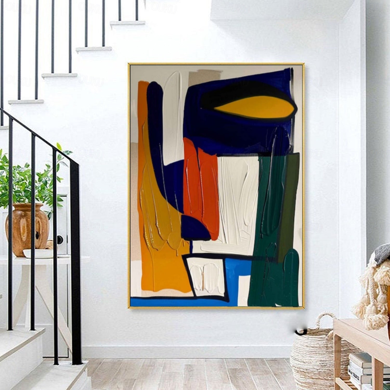 Hand-Painted Modern Vibrant Geometric Abstract Oil Painting for Living Room or Office