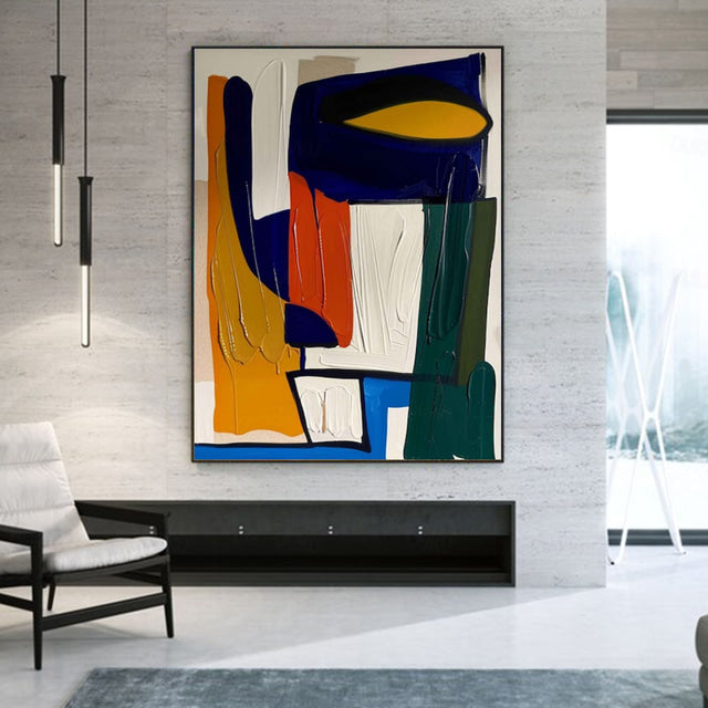 Hand-Painted Modern Vibrant Geometric Abstract Oil Painting for Living Room or Office
