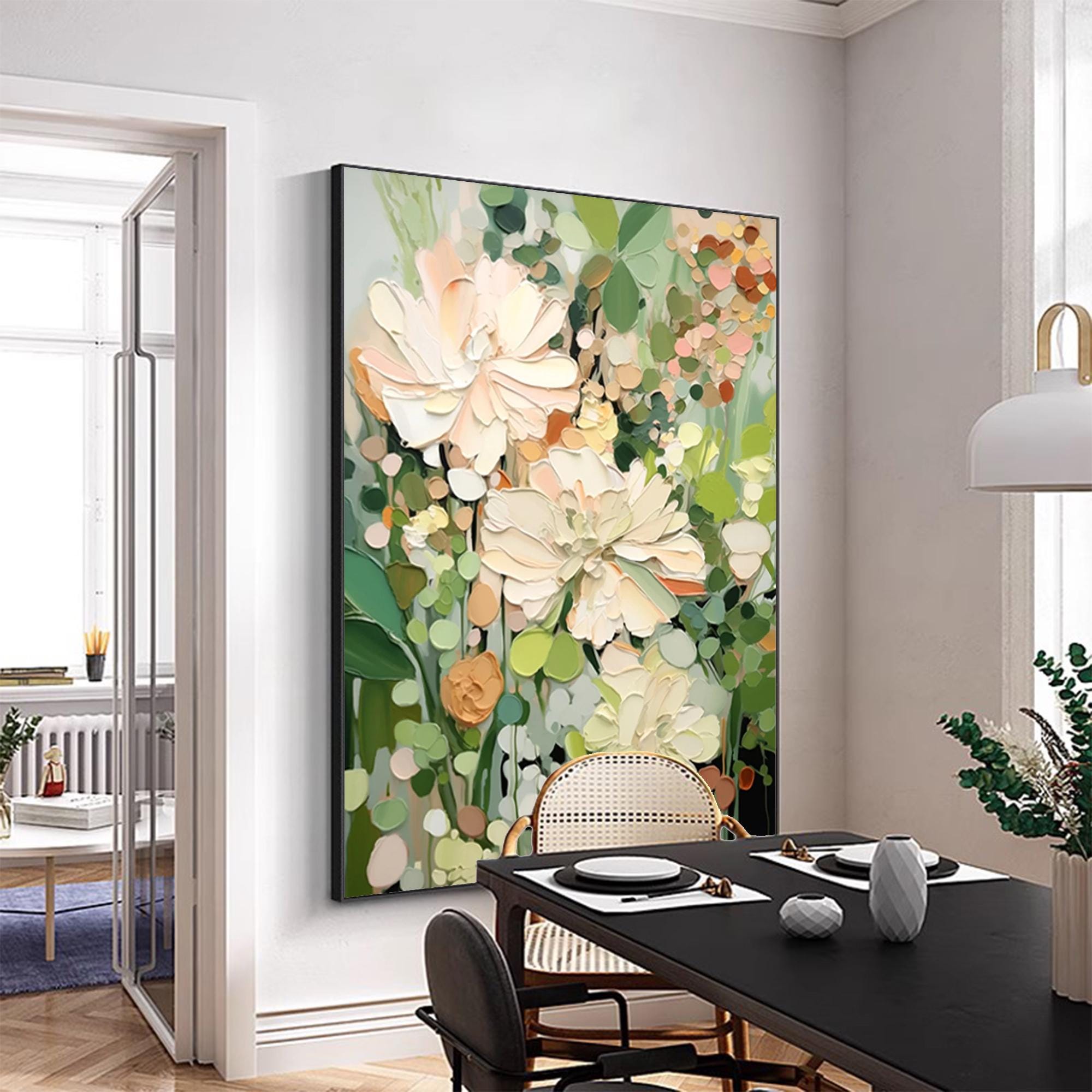 Enchanted Blooms Abstract Floral Canvas – Hand-Painted Vertical Wall Art for Living Room