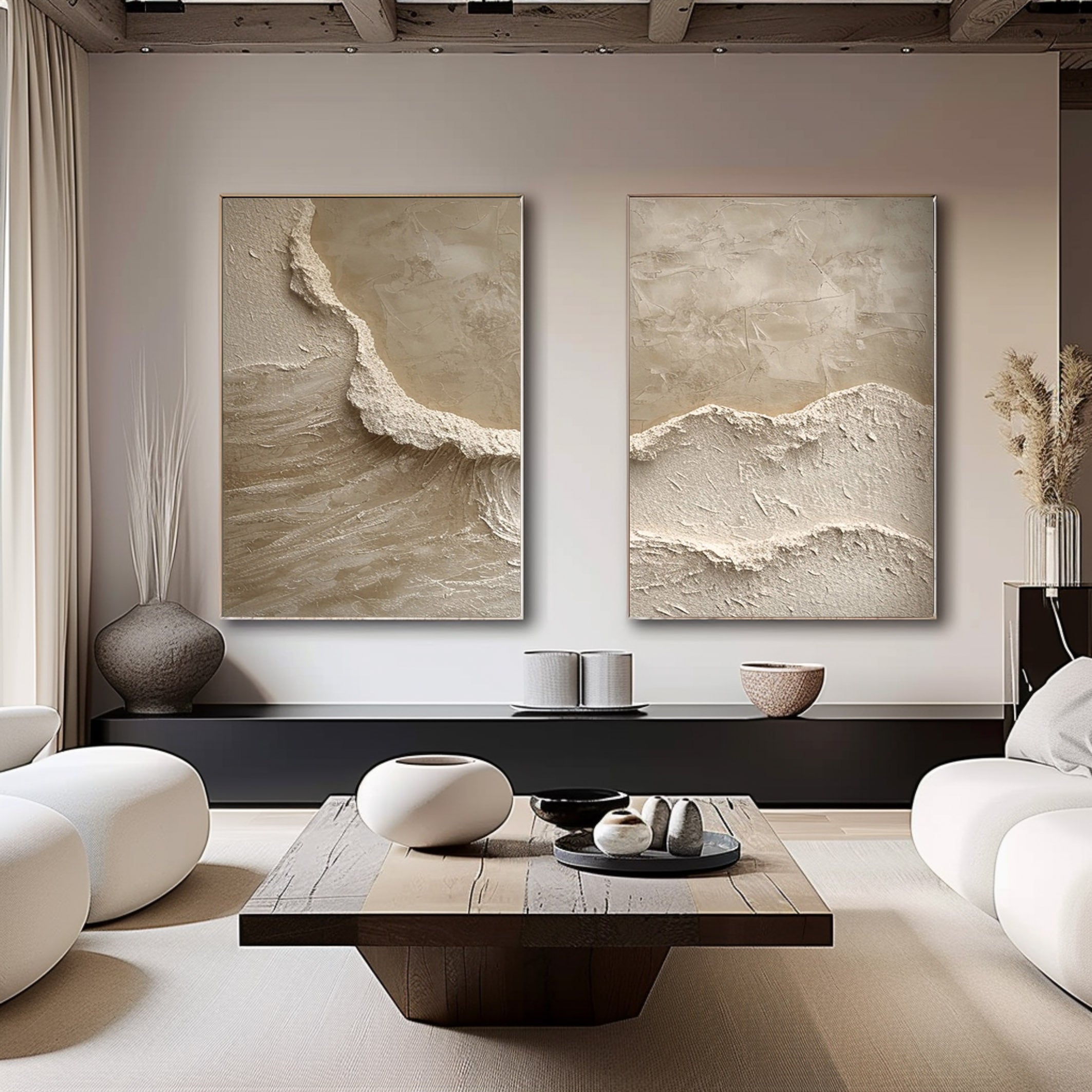 Coastal Abstract Paintings – Minimalist Canvas Wall Art Set (2 Pieces)