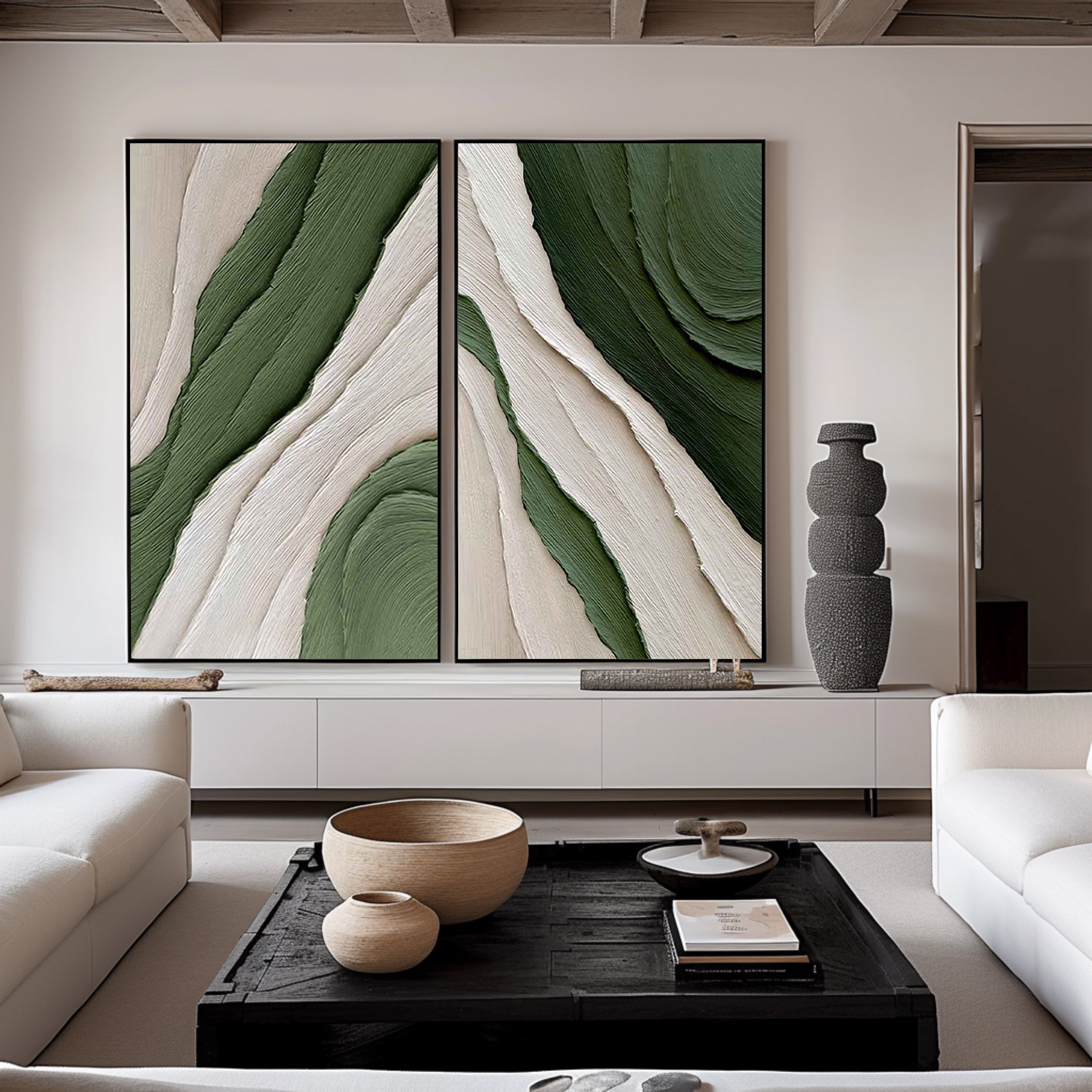 Verdant Waves Duo-Minimalist Abstract Canvas painting for Modern Decor(2 Pieces)