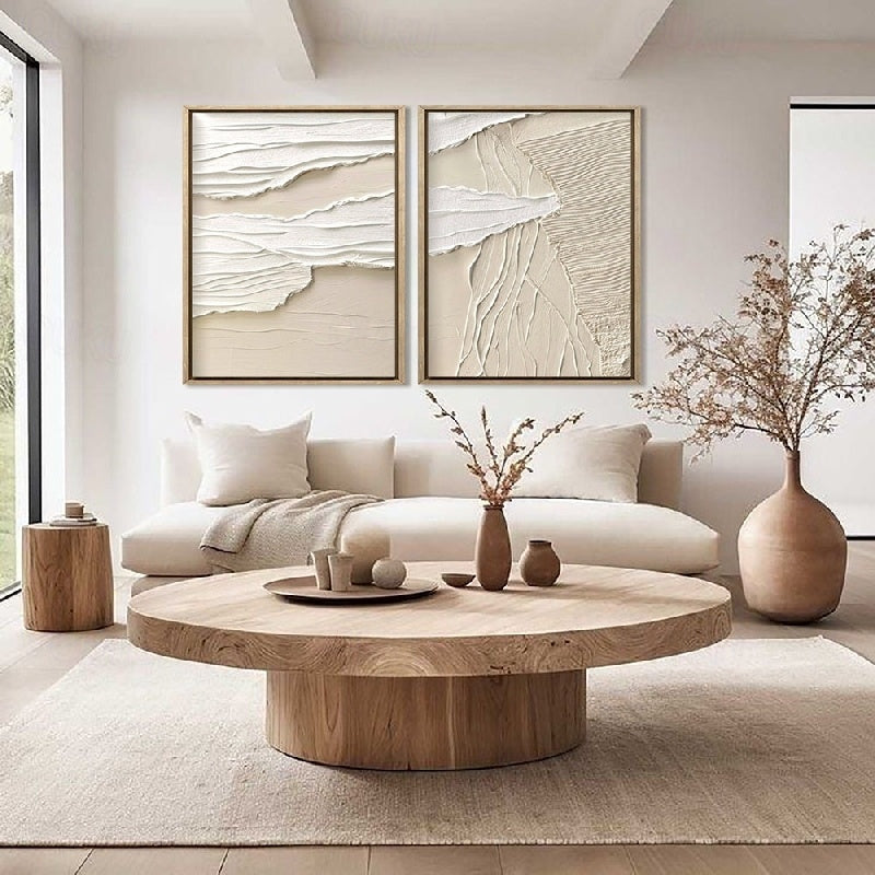 Wabi-Sabi Layers: Beige Serenity-Textured Abstract Diptych Wall Art: Neutral Beige & Gray Framed Canvas Paintings for Modern Minimalist Home Decor