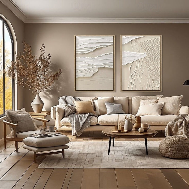 Wabi-Sabi Layers: Beige Serenity-Textured Abstract Diptych Wall Art: Neutral Beige & Gray Framed Canvas Paintings for Modern Minimalist Home Decor