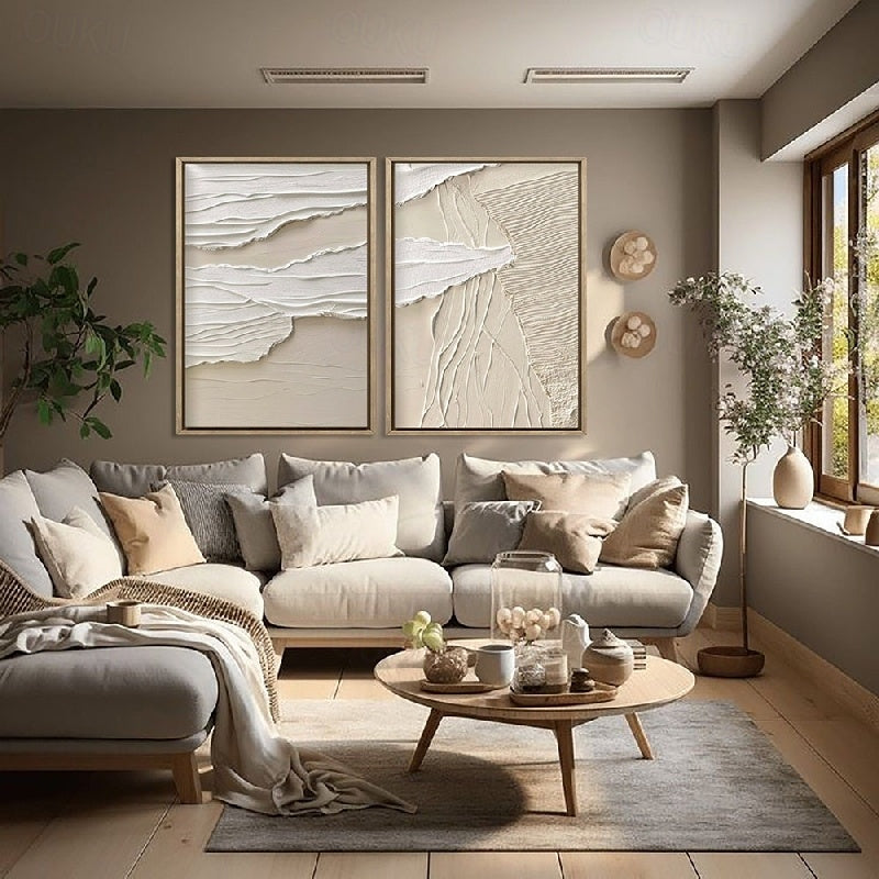 Wabi-Sabi Layers: Beige Serenity-Textured Abstract Diptych Wall Art: Neutral Beige & Gray Framed Canvas Paintings for Modern Minimalist Home Decor