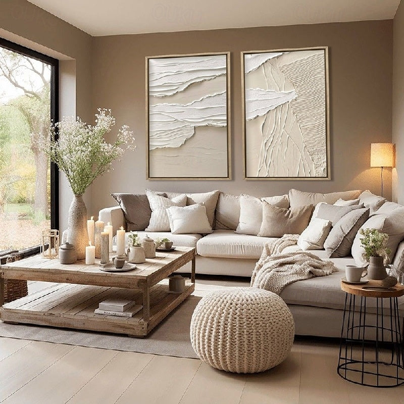 Wabi-Sabi Layers: Beige Serenity-Textured Abstract Diptych Wall Art: Neutral Beige & Gray Framed Canvas Paintings for Modern Minimalist Home Decor