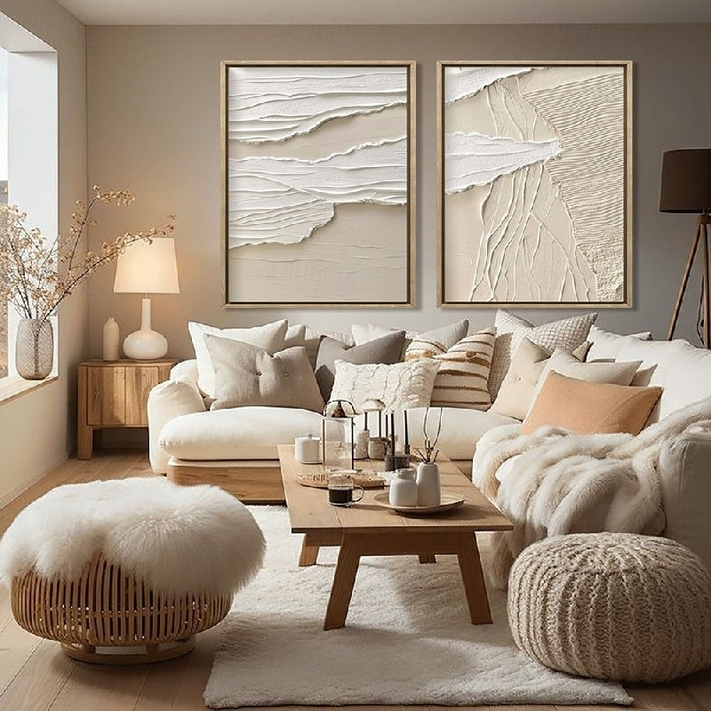 Wabi-Sabi Layers: Beige Serenity-Textured Abstract Diptych Wall Art: Neutral Beige & Gray Framed Canvas Paintings for Modern Minimalist Home Decor