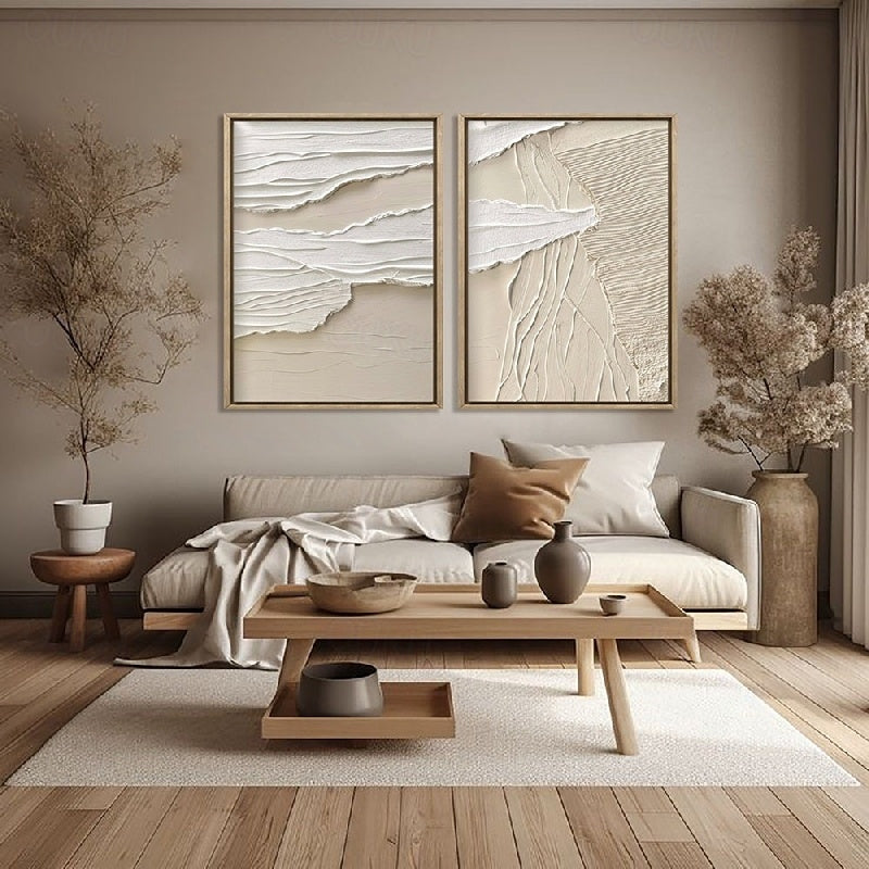 Wabi-Sabi Layers: Beige Serenity-Textured Abstract Diptych Wall Art: Neutral Beige & Gray Framed Canvas Paintings for Modern Minimalist Home Decor