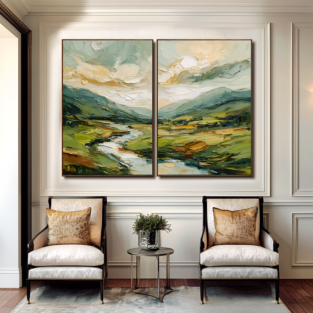 Golden Valley – Abstract Landscape Diptych Painting, Textured Canvas Wall Art for Modern Interiors