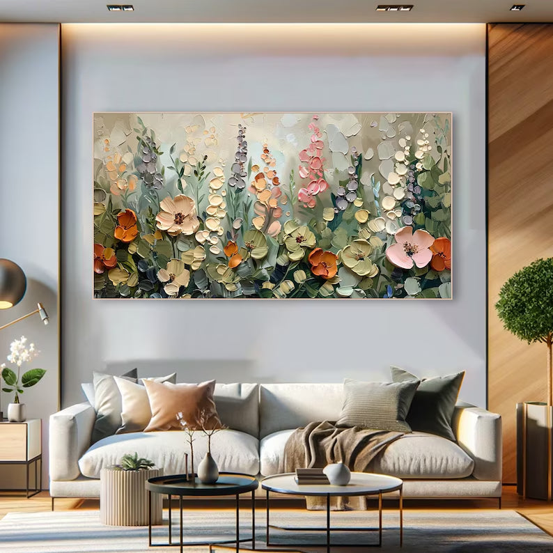 Garden Symphony – Textured Floral Modern Oil Painting, Blooming Flowers Wall Art for Home Decoration