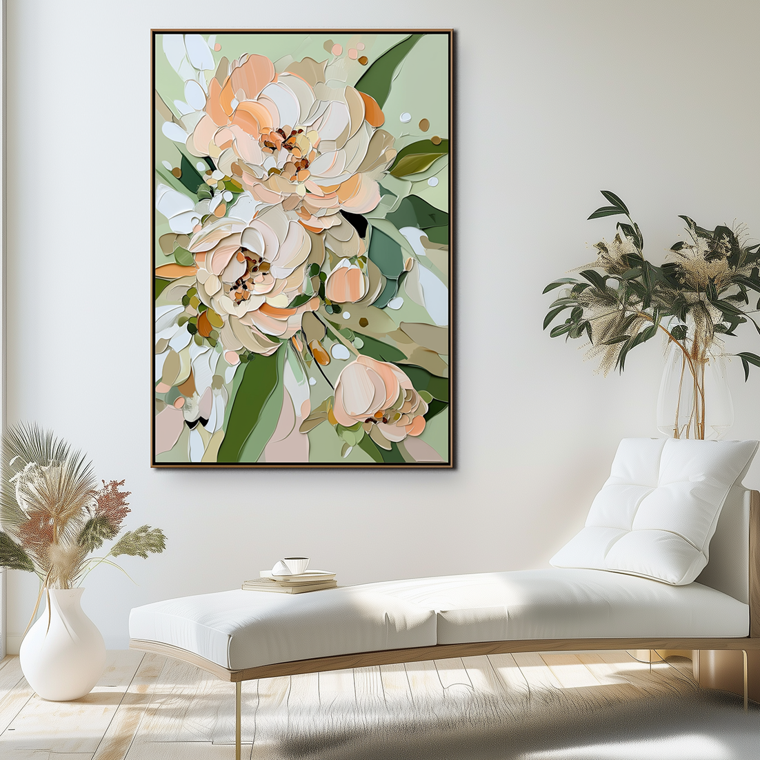 Flourishing Blooms-Soft Peach & Mint Green Peony Painting ,Framed Modern Floral Wall Art