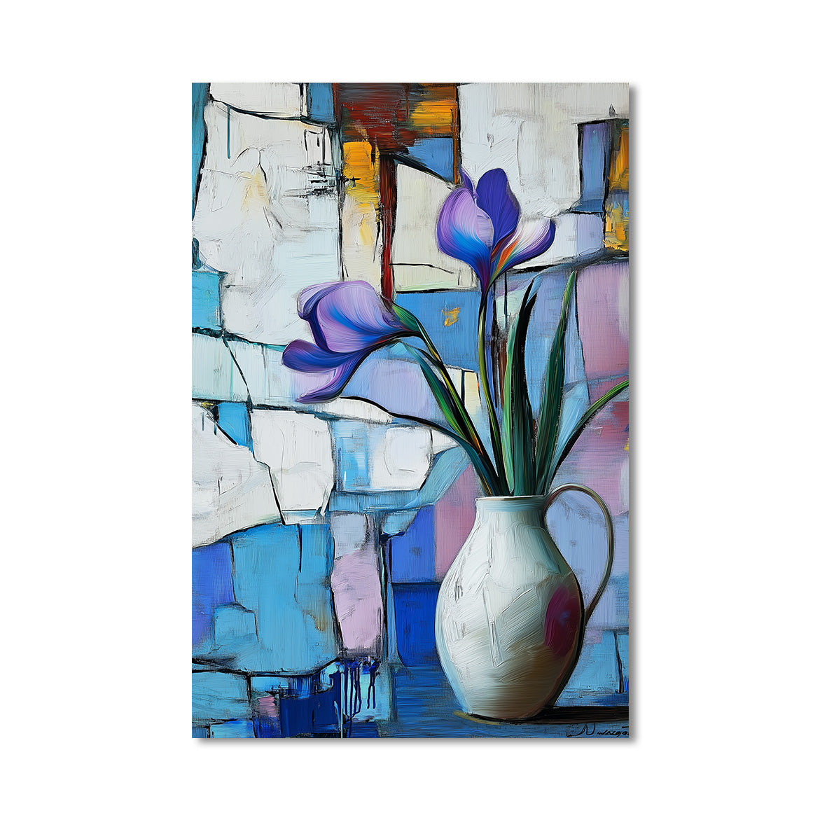 Framed Stillness - Purple Floral in White Jug – Modern Abstract Still Life Wall Art