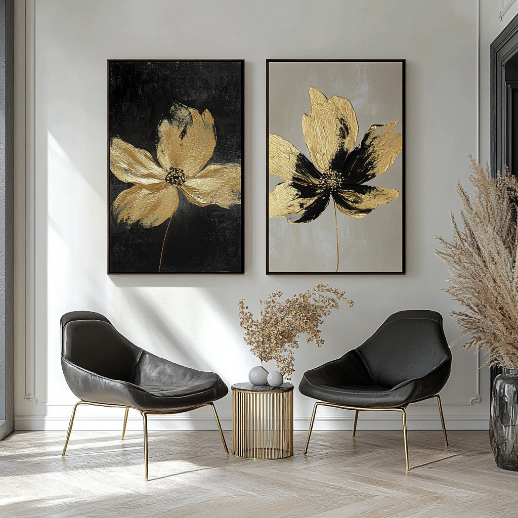 Gilded Petals-Set of 2 Gold Flower Paintings - Luxury Abstract Wall Art for Home Decoration