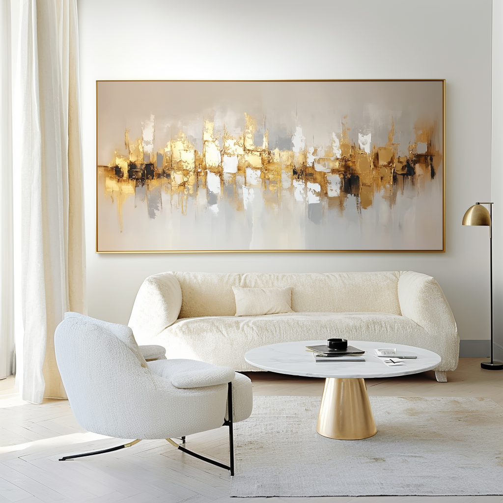 Golden Echo-Golden Abstract Cityscape Oil Painting, Textured Modern Wall Art for Home Decoration