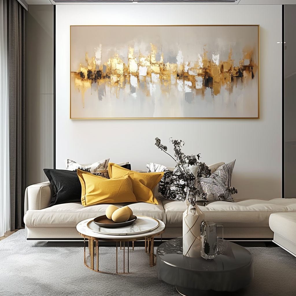 Golden Echo-Golden Abstract Cityscape Oil Painting, Textured Modern Wall Art for Home Decoration