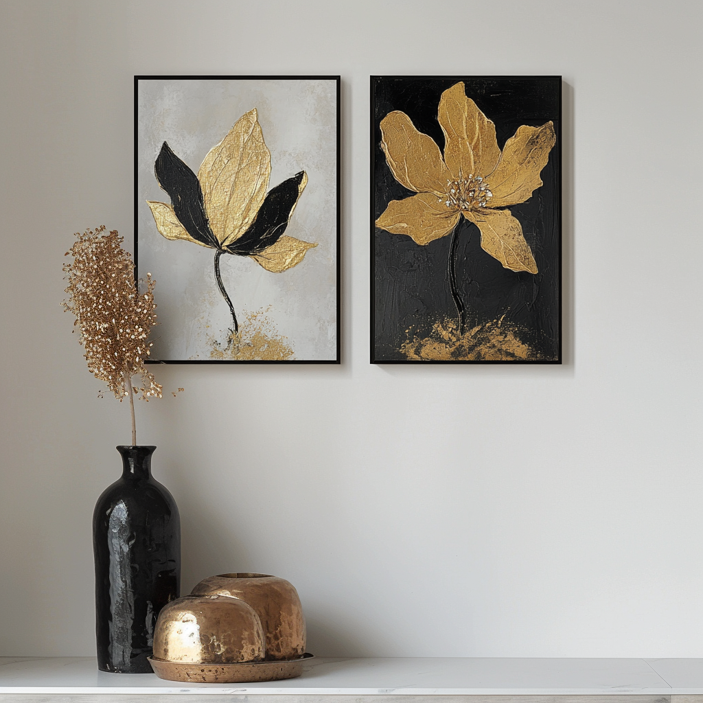 Golden Whispers-Set of 2 Gold Flower Paintings - Luxury Gold and Black Abstract Wall Art for Home Decoration