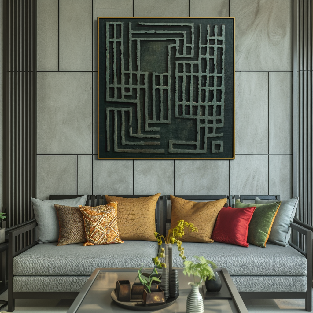 Labyrinth of Serenity-3D Textured Abstract Wall Art, Deep Green Geometric Lines Minimalist Home Decor