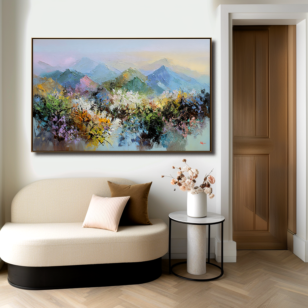 Pastel Horizons – Abstract Mountain Landscape Canvas Impressionist Vibrant Scenic Art- Colorful Mountain Landscape Oil Painting for Home Decoration