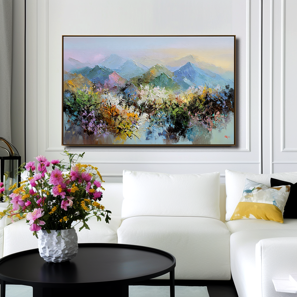 Pastel Horizons – Abstract Mountain Landscape Canvas Impressionist Vibrant Scenic Art- Colorful Mountain Landscape Oil Painting for Home Decoration
