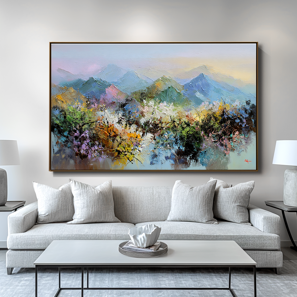 Pastel Horizons – Abstract Mountain Landscape Canvas Impressionist Vibrant Scenic Art- Colorful Mountain Landscape Oil Painting for Home Decoration