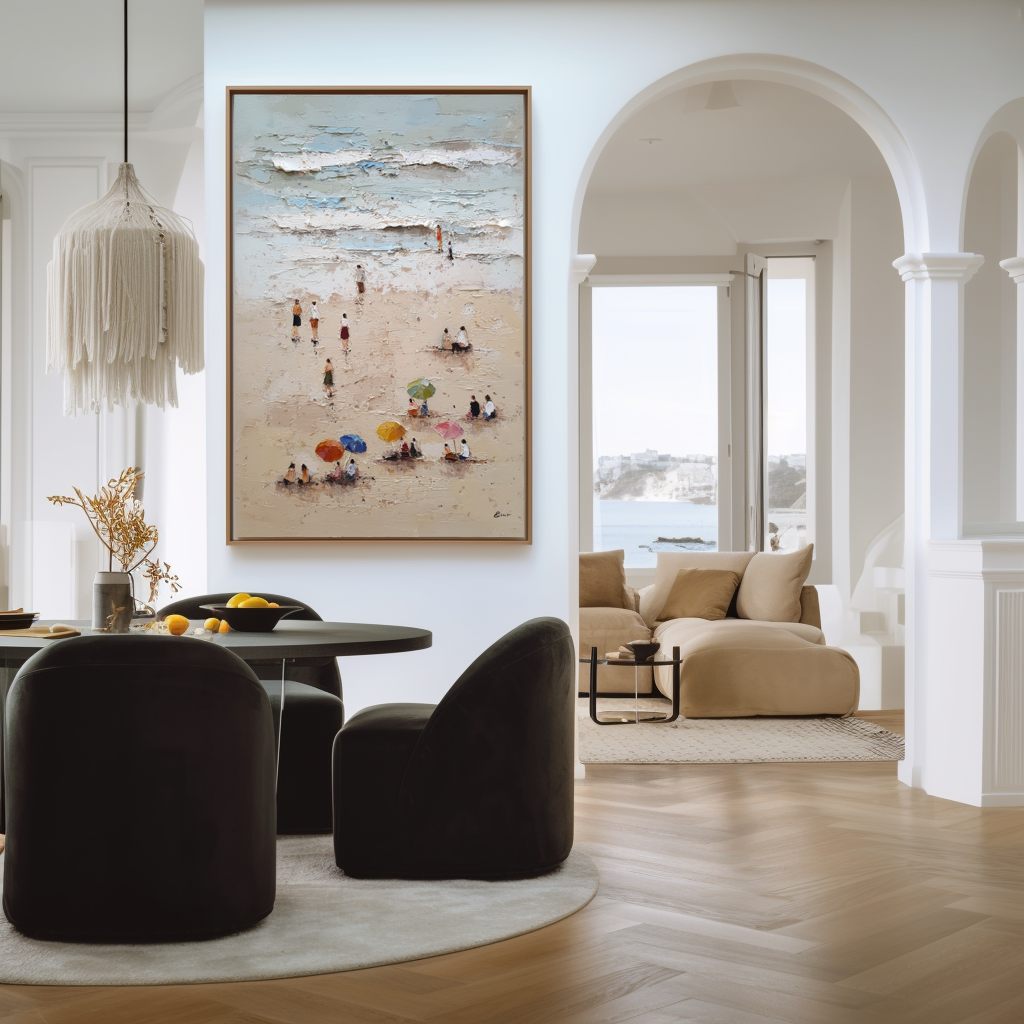 Seaside Stroll- Textured Beach Scene Oil Painting with Figures and Colorful Umbrellas, Coastal Summer Wall Art for Home Decor