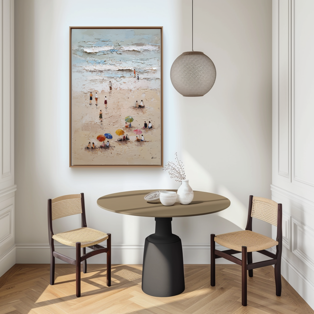 Seaside Stroll- Textured Beach Scene Oil Painting with Figures and Colorful Umbrellas, Coastal Summer Wall Art for Home Decor